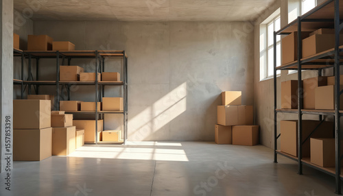 Brightly lit concrete basement with minimalist shelving and soft shadows creates calm spacious atmosphere for storage. Cardboard boxes on racks and floor. Warehouse scene, interior design.