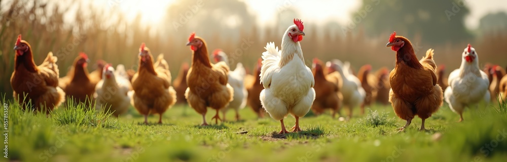 Fototapeta premium Free range chickens walk green pasture grass. Birds domestic fowl in sunny day. Hens with red crests and feathers. Rural poultry farming eco agriculture concept.