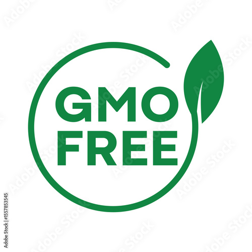 Modern GMO Free Logo Vector - Circular Organic Icon with Leaf Tail for Eco Packaging