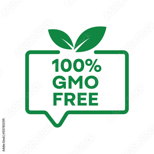 100% GMO Free Text Badge - Green Leaf Message Label Vector for Organic Packaging