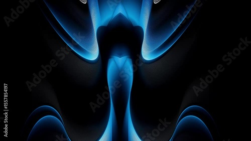 Abstract smooth, flowing curves and lines in shades of blue and black. Blue elements appearing to glow against the dark background. Modern design and sleek and visually captivating appearance.