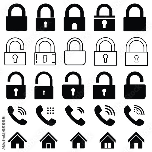 Modern Black Lock, Phone, & Home Icons Set. ui icon, essentials black lock icons, phone home vectors, security ui symbols, digital navigation set, modern system icons, access control graphic.