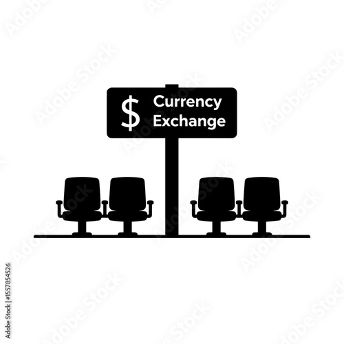 Currency exchange sign with empty waiting area and chairs in airport  