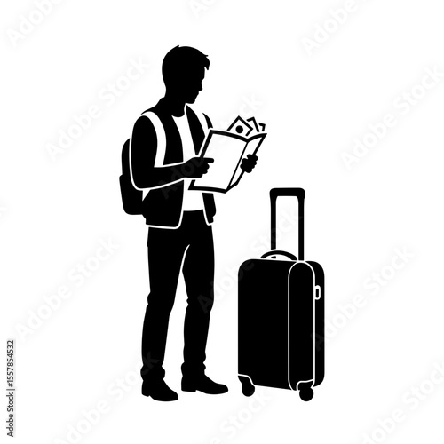 Man holding map and cash while looking for currency exchange at airport  