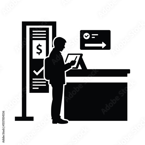 Man using tablet at currency consultation desk in airport  