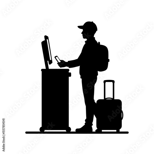 Passenger using payment terminal for luggage and conceptualizing travel  