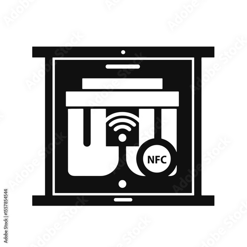 Mobile payment app icon with NFC symbol in duty-free zone concept  
