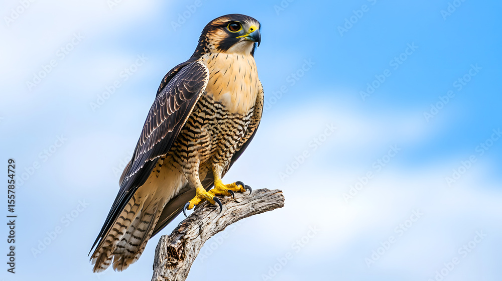 Fototapeta premium Majestic peregrine falcon perched on branch against a clear blue sky in wildlife photography