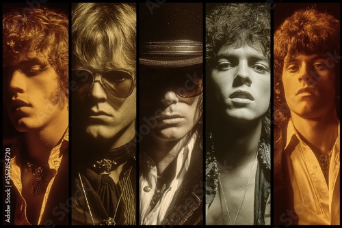 Portrait of five people in sepia tones, split panel design