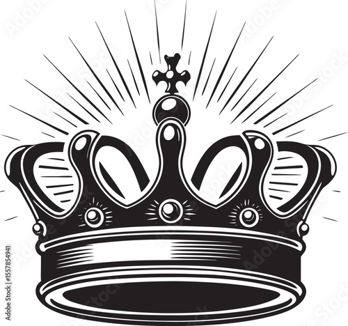 Royal black crown with radiating light isolated on a white background
