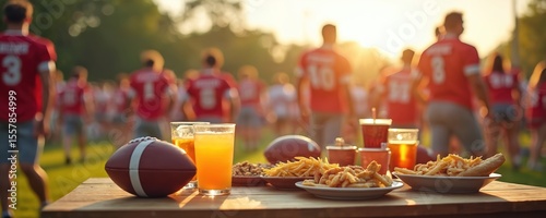 Football tailgate scene with food and drinks before game. People in team uniforms. Sun setting. Background filled with athletes, cheers, festive party atmosphere. Perfect for american football fans.