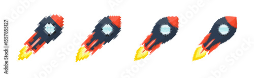 Pixel art rocket with fiery trails, retro games, space-themed designs, apps, or animations. 8-bit style for technology, sci-fi, and futuristic creative projects. Vector illustration