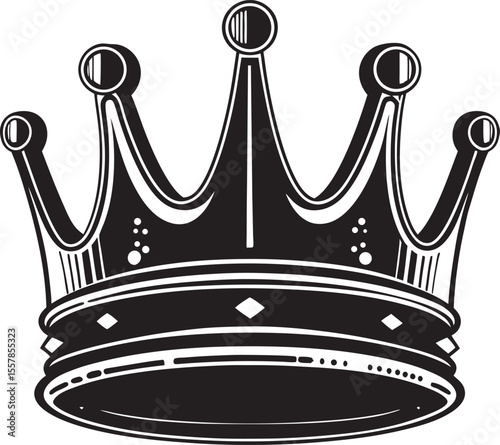 Classic black and white crown symbol with ornate details isolated on a white background