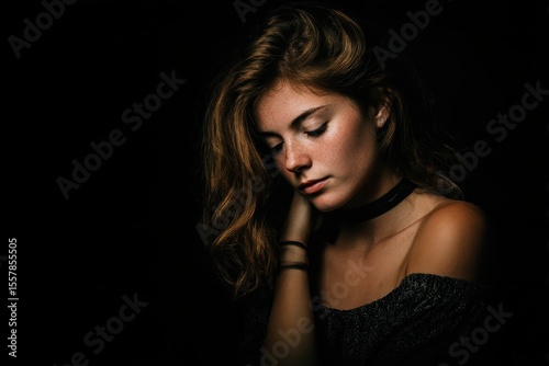 Woman, thoughtful, looking down, beauty portrait, casual dress, black background