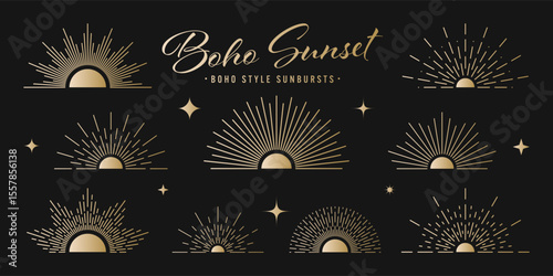Vintage golden sunburst, sunset beams collection. Boho style, modern minimalist bohemian design. Hand drawn bursting sun, light rays. Logotype or lettering retro design element. Vector illustration