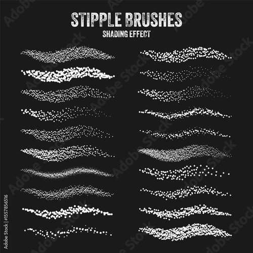 Ink scatter brush, stipple drawing and texturing. Fading gradient. Stippling, dotwork drawing, shading using dots. Halftone disintegration effect. White noise grainy texture. Vector illustration
