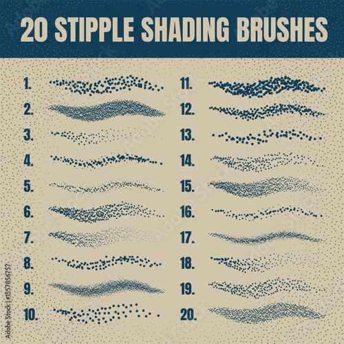 Ink scatter brush, stipple drawing and texturing. Fading gradient. Stippling, dotwork drawing, shading using dots. Halftone disintegration effect. White noise grainy texture. Vector illustration