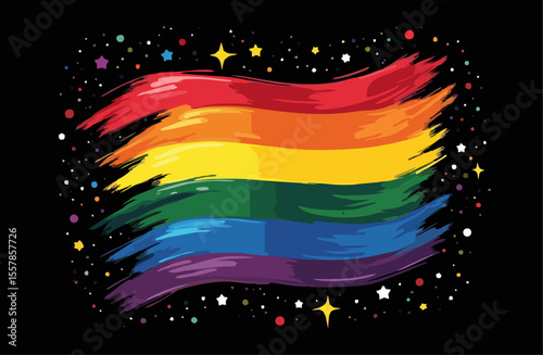 Vector design with decorative drawing of lgbt 
flag of rainbow stripe is fluttering in wind. 
Fashion t-shirt print. Pride proud parade pattern 
for textiles, fabric, clothing.