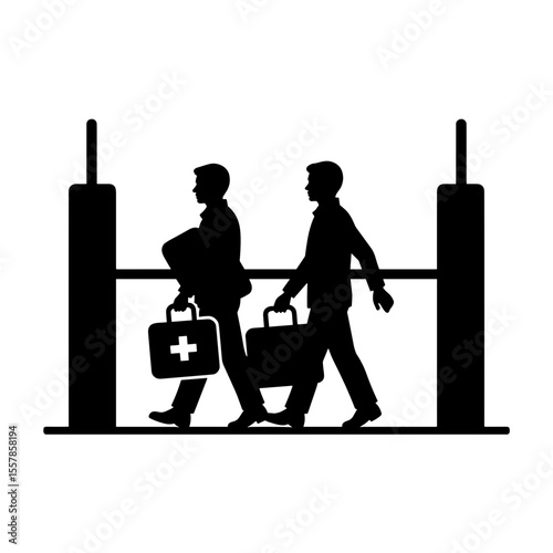 Two men walking with first aid travel kit at airport entrance  