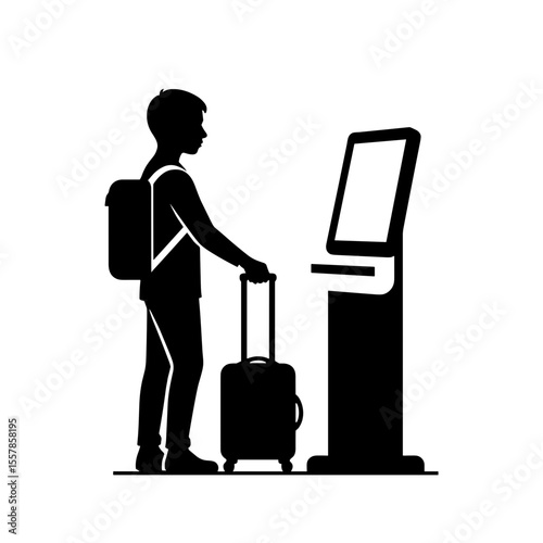 Silhouette of young boy checking in luggage at airport kiosk - Concept of Things to do in airport  