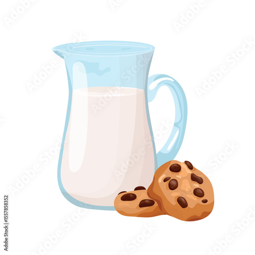 Milk with chocolate chip cookies. Flat vector clipart, illustration with isolated background.