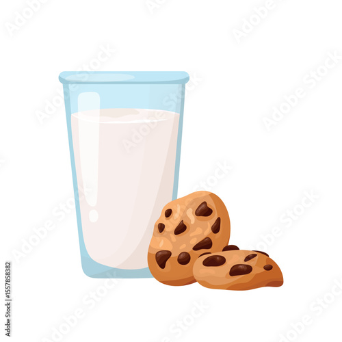 Milk with chocolate chip cookies. Flat vector clipart, illustration with isolated background.