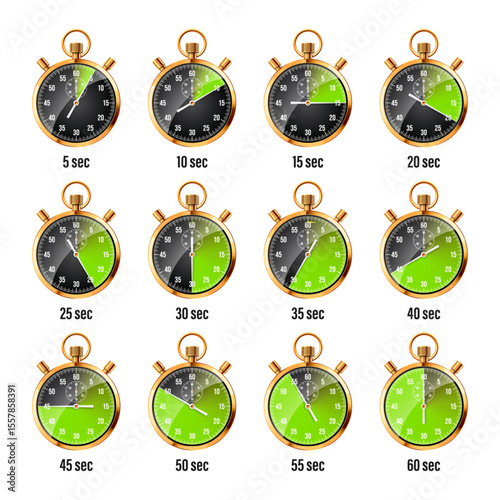Realistic classic stopwatch. Shiny golden metal chronometer, time counter with dial. Green countdown timer showing minutes and seconds. Time measurement for sport, start, finish. Vector illustration