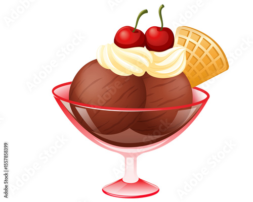Chocolate Ice Cream Sundae with Cherries, Whipped Cream, and Waffle Cone
