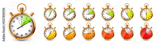 Realistic classic stopwatch. Shiny golden metal chronometer, time counter with dial. Colorful countdown timer showing minutes, seconds. Time measurement for sport, start, finish. Vector illustration