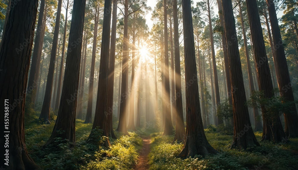 Fototapeta premium Sunlight breaks through dense forest trees, creating beam of light. Forest path leads through woods. Nature landscape with high trees, green grass, sunlight. Concept of ecology, travel, tourism,