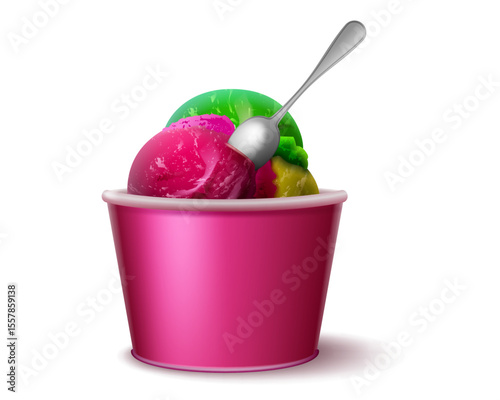 Colorful Ice Cream Scoops in Pink Cup with Spoon