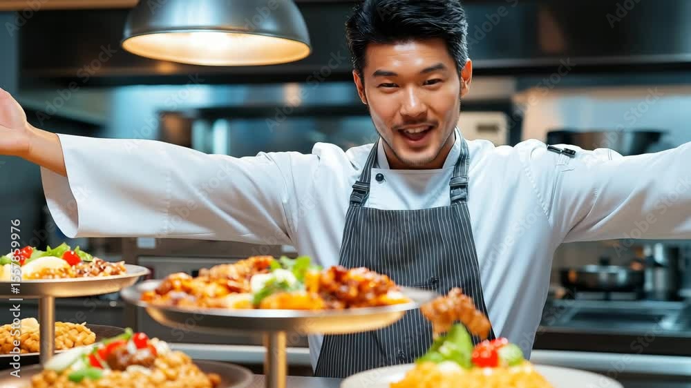 A skilled chef proudly presents a variety of gourmet dishes, highlighting culinary artistry in a bustling kitchen. The camera moves back A skilled chef proudly presents a variety of gourmet dishes, highlighting culinary artistry in a bustling kitchen. The camera moves back