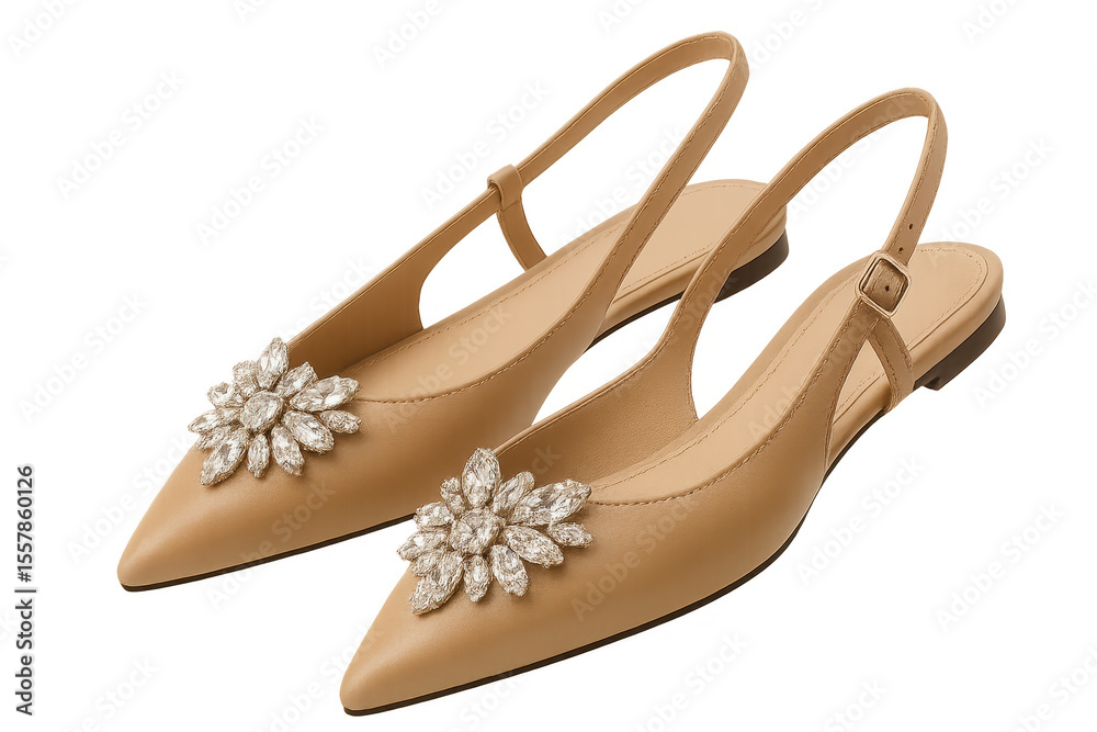 Naklejka premium Elegant beige slingback shoes with crystal embellishments on transparent background