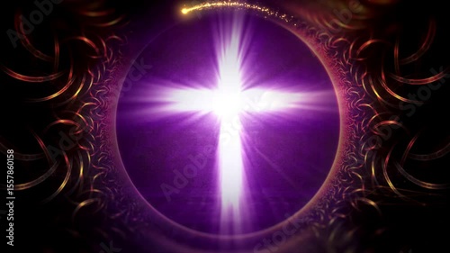 Animation features a radiant, glowing central sphere emitting intense light beams, surrounded by intricate, swirling patterns. Purple red, orange, and yellow with modern designs for text background.