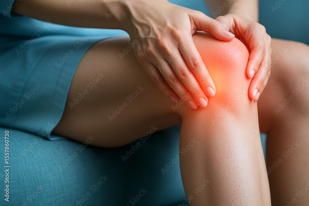 Fototapeta premium Close-up of a woman experiencing intense knee pain, gently holding her leg while sitting on a couch, highlighting the discomfort and potential need for medical attention