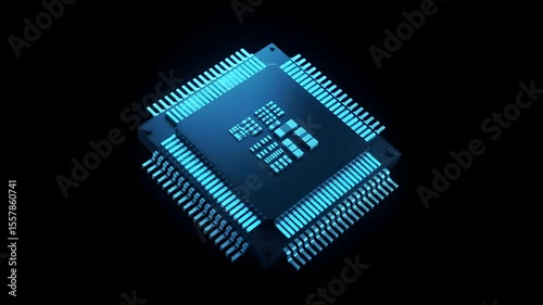 Close-Up of Glowing Neuromorphic Chip on Dark Background – High-Tech AI Processor Visualization for Futuristic Computing