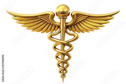 Golden caduceus medical symbol with wings and snake on black background isolated on a transparent background