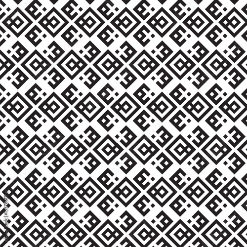 black and white seamless pattern, geometric pattern, repeating motif of blocky, interconnected shapes, squares, diamond staggered, offset grid, pixelated or step-like, modern, digital, retro aesthetic