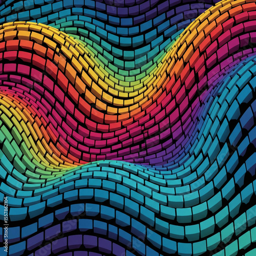 Wavy blocks colorful pattern presents abstract art and vivid colors on a black background