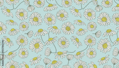 Seamless daisy flower pattern with hand-drawn white petals and yellow centers on a pastel blue background. Ideal for spring-themed, wallpapers, and digital design projects.