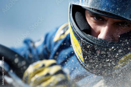 dynamic portrait of karting driver positioned on left side of frame