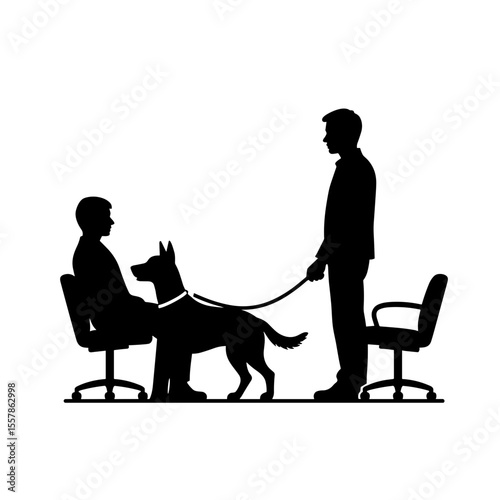 Man with guide dog standing next to seated person in waiting area  