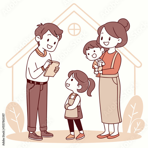 Happy Family Illustration with Parents and Two Young Children Outdoors – Cartoon Style