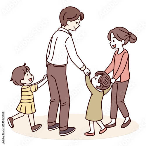 Happy Family Illustration with Parents and Two Young Children Outdoors – Cartoon Style