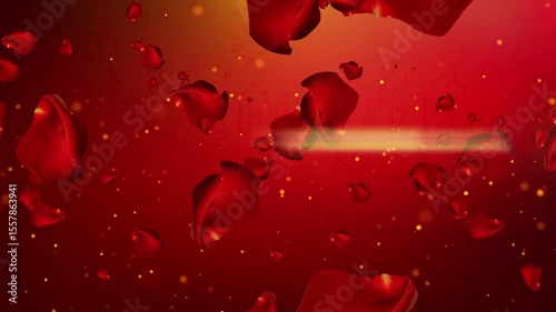 Captivating animation of red rose petals gracefully flowing against a vibrant red. Soft light streaks, golden particles. Valentine's Day animation, perfect for love-themed projects.
