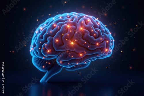 Close-up of a human brain with colorful neural connections glowing, symbolizing brain activity and research. Dark background with soft light highlights