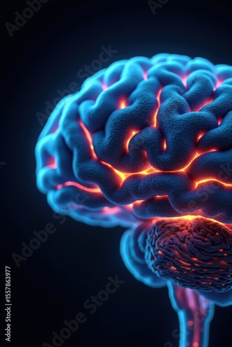 Close-up of a human brain with colorful neural connections glowing, symbolizing brain activity and research. Dark background with soft light highlights