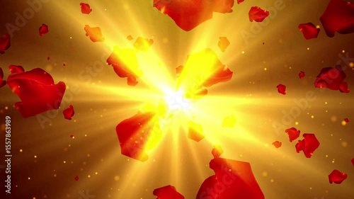 Captivating Valentine’s Day animation featuring red rose petals gently floating against a radiant golden backdrop, with beams of light creating a warm and romantic atmosphere. Ideal for romance.