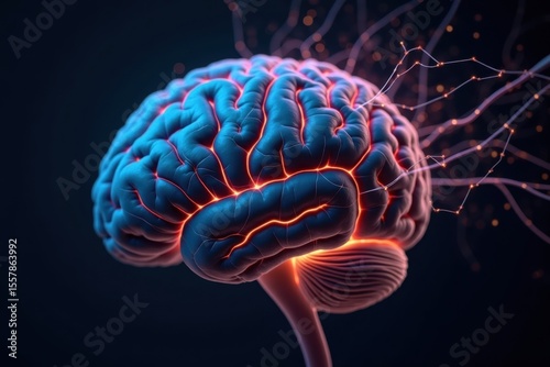Close-up of a human brain with colorful neural connections glowing, symbolizing brain activity and research. Dark background with soft light highlights