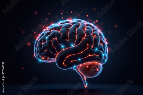 Close-up of a human brain with colorful neural connections glowing, symbolizing brain activity and research. Dark background with soft light highlights